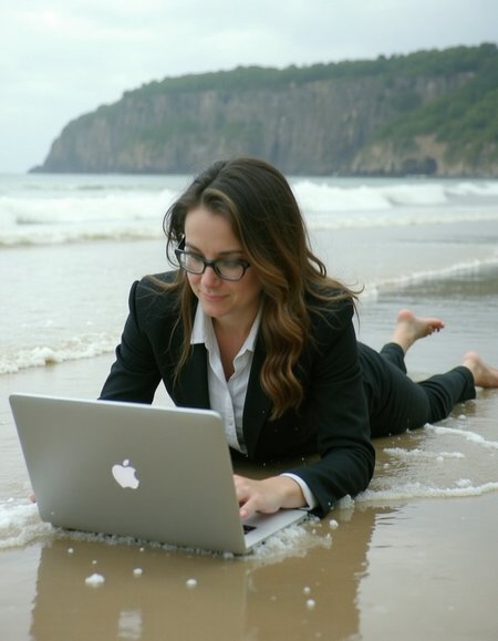 women in a suit, wearing glasses, laying on the shore of the beach, working on a laptop, wet, waves splashing her, paperwork is getting wet,  cliffs in background,  <lora:Eeriephotosflux:1> low quality, grainy, flash photo