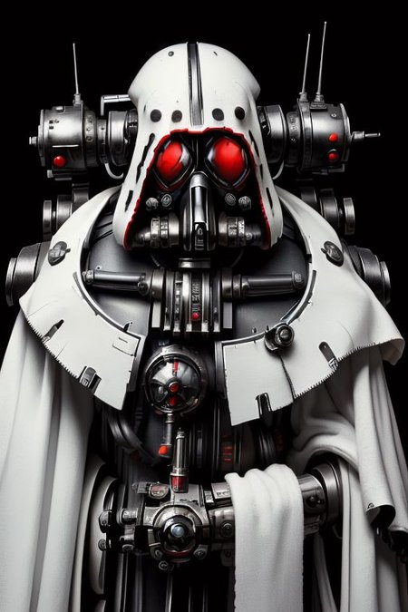 ((masterpiece,best quality)), absurdres, mechanical arms, robes, hood, ((techpriest)), cyborg, mechanical face, (TheEmpireStyle, white) mechanical limbs, gas mask, black robe, 1other, solo, ((Warhammer 40000))