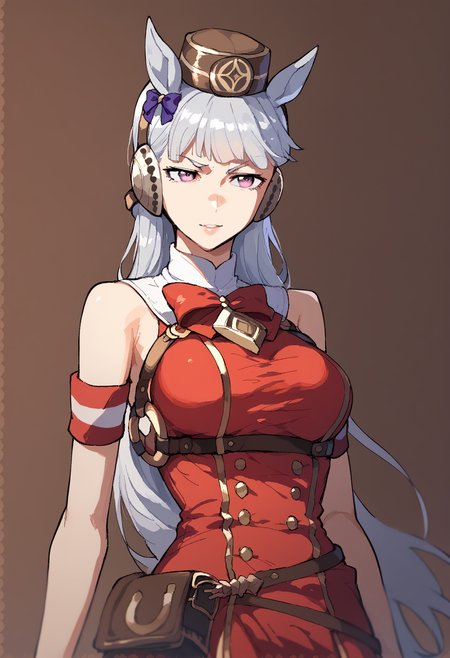 score_9, score_8_up, score_7_up, score_6_up,
1girl, solo, gold ship (umamusme), cowboy shot,
horse ears, horse girl, long hair, grey hair, bangs, breasts, purple eyes, hat,
race short, ggrt, red dress