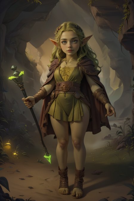 breathtaking 40yo, 1girl,  (full body shot:1.4), facing viewer, thick hips, short stack, wizard, (scowl:1.4), (holding a staff:1.2), delicate\(armor\), belt, glove, sandals, tiara, (wizard robe:1.2), long shiny hair, trending on artstation, pixiv, digital art, anime masterpiece, dynamic lighting, beautiful aesthetic, 4k, award winning, hd,  detailed backgound, <lora:Mild detail adjusterV10:0.2>  <lora:Bright_Eyes:0.7> AGGA_ST002, bright pupils <lora:Loraeyes_V1:0.4> loraeyes,   <lora:dnd_goblin:0.7>goblin Style-Goblinmode  <lora:breastsizeslideroffset:-0.1>  (edgQuality:1.2) advntr character, <lora:lcm-lora-sdv1-5:0.7>, masterpiece, award-winning, professional, highly detailed