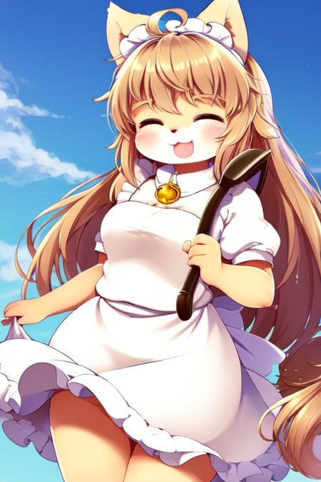 safe for work, (art by nefuraito336), (best quality:1.5), solo, furry girl, cat, ahoge, long hair, (cute round face), (beige fur), fluffy tail, ((maid uniform)), smile, ((in public)), ((blue sky)),