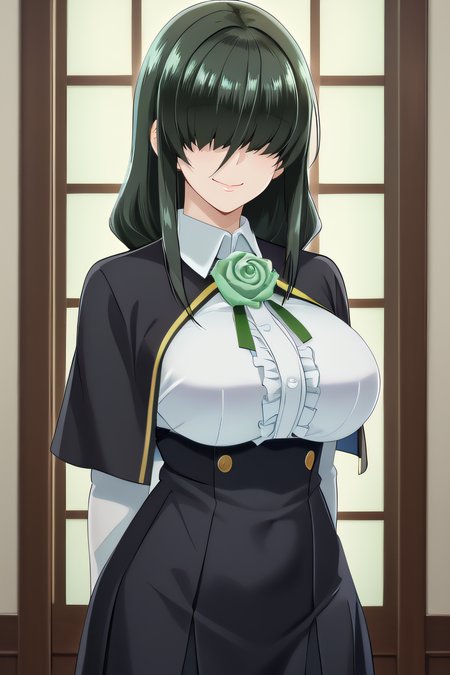 score_9, score_8_up, score_7_up, source_anime, rating_safe, intricate details, anime screencap, official style, 1girl, solo, <lora:Kurosu_Reina:1>, reina, dark green hair, hair over eyes, covered eyes, long bangs, large breasts, black dress, school uniform, black capelet, collared shirt, white sleeves,white chest, green rose, black pantyhose, smile, indoor, looking at viewer, cowboy shot, wavy mouth, arms behind back