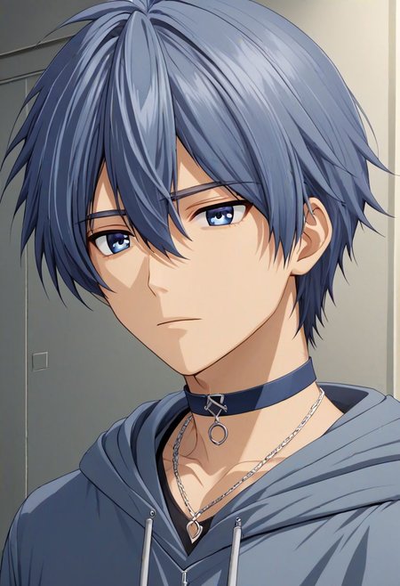 high resolution, solo, best quality, 1Boy, Tomoya Okazaki, Grey Blue Hair, bangs, necklace, choker, hair between eyes, Hoodie, OverallDetail