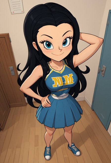 ((room background)),score_9, score_8_up, score_7_up,score_6_up, 
1girl, solo, Kelly_KB, light skin, blue eyes, black hair, long straight hair, blue cheerleading top with design, blue cheerleading skirt, white flat shoes, big eyes, cute, tall stature, social smile, perfect eyes, perfect smile, looking at the viewer, detailed eyes, perfect eyes, standing, big breasts (front pose, front view, full body shot, high angle view:1) five fingers, perfect hands, (hand on hip, hand behind head)