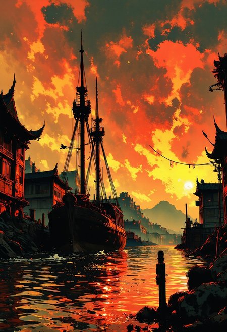 nistyle, inksketch of a Chinese Junk sailing into a south-east asian medieval harbour, sunset