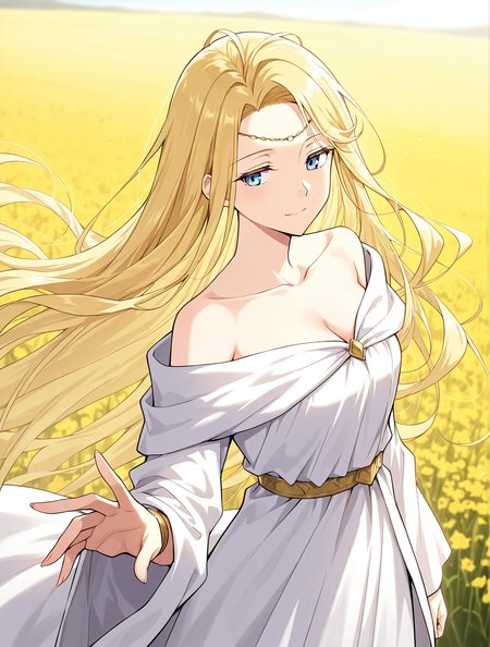 <lora:Ariana-000007:1>
1 girl, solo, very long hair, blonde hair, blue eyes
white robe, collarbone, circlet, bare shoulders, bracelete
score_9, score_8_up, score_7_up, very aesthetic, source_anime, detailed, high quality, beautiful, masterpiece, detailed eyes, field, blurry background, pose dynamic angle, upper body, cowboy shot, light smile, looking back, reaching out, floating hair