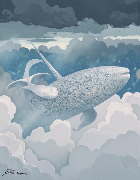 By Artem Chebokha. A digital illustration shoot from below about a fantastical depiction of a whale flying through a stormy sky filled with fluffy clouds. the image also shows a serene and dreamy atmosphere. on the middle of the image, a large, streamlined, white whale with a long, curved horn and intricate tribal patterns is flying through the air. the whale appears to be in mid-flight, with its tail trailing behind it. the sky is a mix of blue and white hues, with a few clouds scattered throughout, and the clouds are of varying shades of gray and white, creating a dramatic contrast. the background is filled with a blend of light and dark clouds, giving the image a dreamy and ethereal feel. in the bottom left corner, there is a signature that reads "artem chokka" in a cursive font.