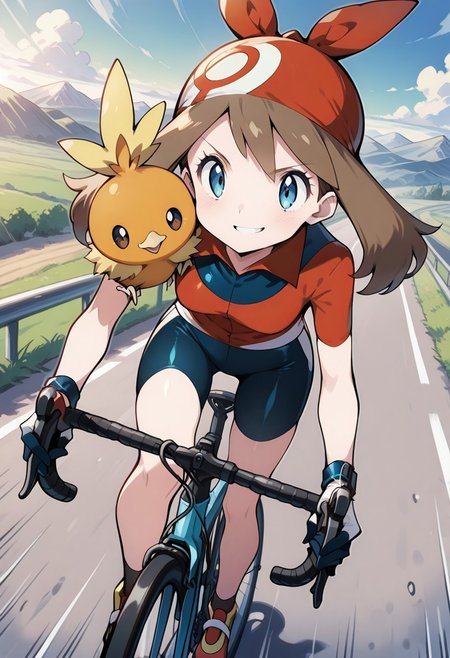 1girl, zzMay, may \(pokemon\), determined, smirk, (riding bicycle,road bicycle), handlebars, BREAK,torchic_\(pokemon\), on shoulder, motion lines, road, hills, grass, sky, clouds, from above,  beautiful scenery, (masterpiece:1.2), (best quality:1.2), (very aesthetic:1.2), (absurdres:1.2), (detailed background),newest, ,sharp focus, perfect light, dynamic light, (heavy lines, black outline), ((intricate details)), (extremely detailed, finely detailed, beautiful detailed shading, beautiful, ultra-detailed, 8K wallpaper, vibrant colors), [high saturation], 2020s, very awa,
