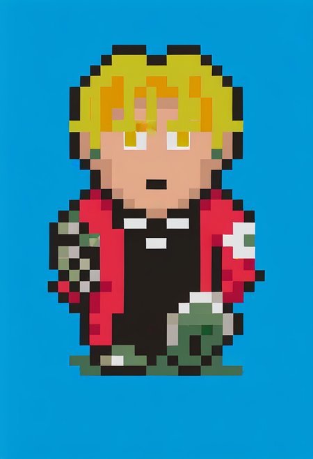 score_9, score_8_up, score_7_up, source_anime, 1boy, <lora:EarthboundSpriteStyle-pdxl:1> pixel art, full body, standing, chibi, looking at viewer, blue background, edward elric, fullmetal alchemist, blonde hair, yellow eyes, red coat, black shirt, mechanical arm