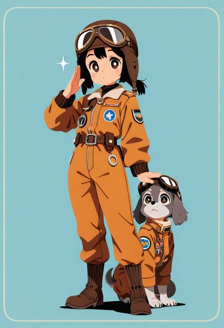 1 girl , 1 dog , dog girl , (shortstacks:1.3) , Aviator Cap , pilot goggles , pilot jacket , dog anthro , grey fur , looking at viewer , saluting , 
masterpiece, best quality ,amazing quality ,haiz_ai , no lineart ,no outline, vfaix, ((Vintage art ,retro art)) ,