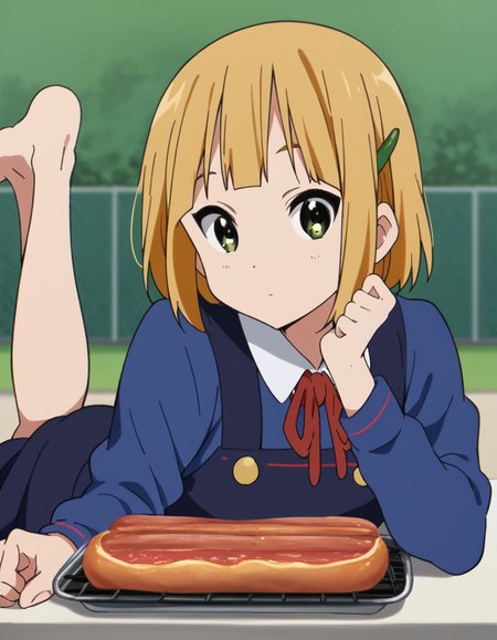 score_9, score_8_up, score_7_up, source_anime, <lora:midori-tokiwa-s1-ponyxl-lora-nochekaiser:1>, midori tokiwa, short hair, blonde hair, hair ornament, green eyes, hairclip,, school uniform, pinafore dress, ribbon, red ribbon, long sleeves, blue dress, buttons, long skirt,, backyard, barbecue, grilling, laughter, summer evening, , <lora:the-pose-ponyxl-lora-nochekaiser:1>, the pose, on stomach, feet up, lying, soles, feet, legs up, head rest, barefoot, looking at viewer, solo,, dutch angle, cowboy shot