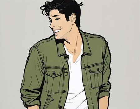 japanese line painting of de4n, male, <lora:RG2:1>in the style of rene gruau, vogue, illustration, style, minimalistic, with white background, brush strokes <lora:De4n-leosam-01-000008:1>, khaki green denim jacket, grey t-shirt, looking back, close-up, :d, laughing, happy