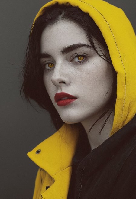 pop art By Conrad Roset and Alberto Vargas, vibrant yellow cyberpunk jacket, solo, batman, mechanical parts, portrait, dark-red liquids, tanktop, looking back, white eyes, monochrome, half face is made of technical parts and wires, large eerie linen hood, atmospheric haze, Film grain, cinematic film still, shallow depth of field, highly detailed, high budget, cinemascope, moody, epic, OverallDetail, 2000s vintage RAW photo, photorealistic, candid camera, color graded cinematic, eye catchlights, atmospheric lighting, imperfections, natural, shallow dof