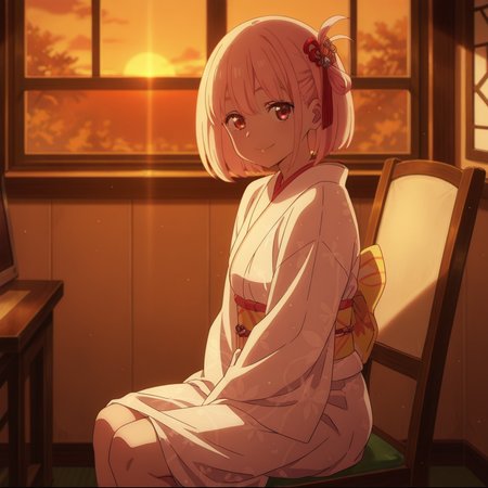 nsfw, masterpiece,best quality,amazing quality,1girl, solo, solo,lycoris_recoil_chisato_nishikigi, sitting on chair, looking at viewer, short hair, japanese clothes, white kimono, bangs, red eyes, window, kimono, smile, pink hair, indoors, closed mouth, bob cut, backlighting, sunset, hair ornament, <lora:Chisato_Nishikigi_-_Lycoris_Recoil:0.7>