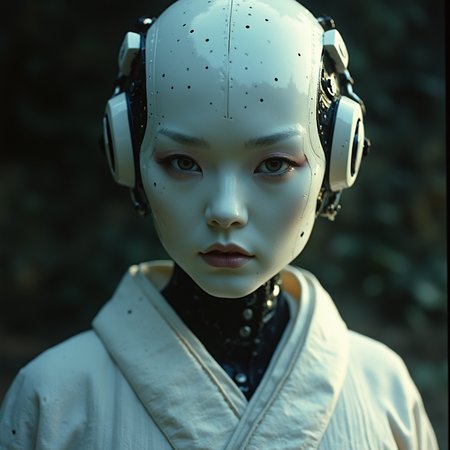 [android ghost in the shell robot face|geisha:0.1] (perfect organic white ceramic android materials:1.3),(mechanical seams:1.6),, (traditional japan  make-up:1.8), (traditional geisha clothes:1.9), (Chris Cunningham:1.35)
style by Yuri Shwedoff,Robert Zemeckis, Kim Ki-Duk, (by Tony Conrad) ,Biopunk, (by Hito Steyerl), shallow depth of field, vignette,  (Fujicolor Superia X-TRA 400) (Light tracing) (Dramatic lighting)