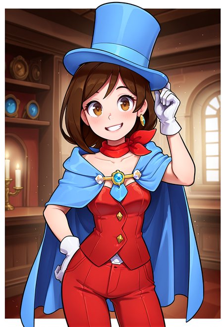 IllustriousQual <lora:StS-Illustrious-Detail-Slider-v1.0:2> <lora:cfg_scale_boost:0.3>,detailed_background,indoors,blush stickers,earrings,medium hair,pants,red scarf,blue hat,gem,ace attorney,1boy,shirt,hat,outside border,black dress,collared shirt,strapless dress,jewelry,white shirt,apollo justice: ace attorney,apollo justice,nanase \(trfok1\),cape,vest,dress,blue eyes,lapel pin,brown hair,top hat,blue necktie,collarbone,cowboy shot,red pants,antenna hair,highres,1girl,red vest,white gloves,trucy wright,single earring,smile,necktie,blue cape,scarf,strapless,gloves,white border,brown eyes,border