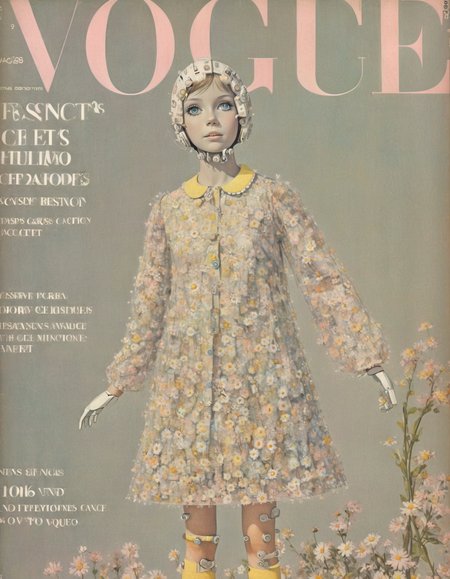 cute (robot:1.45) She, shift dresses with Peter Pan collars, pastel hues, daisy motifs, innocence and grace, youth revolution, Seventeen Magazine Cover, whimsical innocence.,highly intricate,(VOGUE Cover Magazine:1.15),1968, 60s, black letters, hyper detailed, photorealistic,,