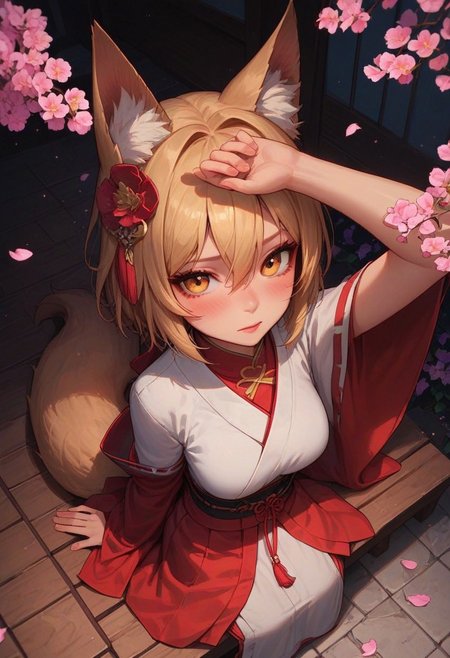 score_9_up, score_8_up, score_7_up, score_6_up, 1girl, 25 years old, perfect face, cute, petite, 
yellow eyes, fox girl, fox tail, 
blonde hair, animal ears, fox ears, animal ear fluff, hair ornament, hair flower, hair between eyes, short hair, 
miko, japanese clothes, ribbon mesh sleeves,
cherry blossoms, arm up, 
sitting, from above, dynamic pose, dynamic angle, 
blush,