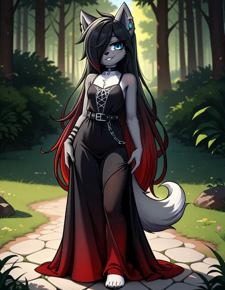 masterpiece, best quality, very aesthetic, absurdres,
outdoors,
full body,  body, standing, posing, 
goth fashion, 
 seductive smile, parted lips, long eyelashes,
<lora:Kayla_Kitsune_v01_NAIXL:1>
K41l4,1girl,solo,furry,furry female,very long hair,multicolored hair,black hair,red hair,gradient hair,hair over one eye,animal ears,earrings,blue eyes,freckles,snout,animal nose,choker,body fur,wolf tail,