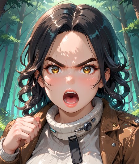 PonyScores7, source_anime, ah1, IllustriousQual, <lora:natsumi_style:0.5>, <lora:by_usakun-pony:0.4> by usakun, <lora:Akina_Bbw_Style_-_PonyXL:0.2> AkinBw
BREAK (Close-up)
BREAK 1girl, mature female, (round face:1.2), (thick eyebrows:1.3), (curvy), round-chin, caucasian, (plump face), <lora:Round_face:0.2>, <lora:ETO_OCPonyXL:0.3> eto_oc, skindentation, (plump), thick thighs, wide hips, busty, voluptuous, lips, <lora:venus body PonyXL:0.3>, <lora:shinyskin2:0.2> glistening skin
BREAK  (curly hair), long hair, (black hair:1.4), (parted hair:1.7), messy hair, kinky curls, <lora:hairdetailpxl:0.2> hairdetailpxl
BREAK (brown eyes), (colorful eyes), (downturned eyes:1.4), <lora:expressive eyes:0.2> expressive eyes, <lora:eyedetailpxl:0.2> eyedetailpxl, <lora:Eyes_High_Definition:0.2> EyesHD
BREAK ((angry, rage, furious, half-closed eye, v-shaped eyebrows, open mouth, shouting)),  <lora:Expressive_H:0.2> Expressiveh, <lora:Emotional_Anime_Expressions_PonyXL_Concept:0.2> emotional, <lora:Best_Facial_Expression_LoRA_PONY:0.2>, looking at viewer, <lora:Detailed expressive EXEV style -XL Pony V1.0:0.2> FaceDetail
BREAK ((communicating with hand signals))
BREAK astronaut sonic soundwave nanofiber Teddy coat
BREAK (((Forest green background with thin gold lines tracing the contours of abstract trees)))
BREAK <lora:xl_more_art-full_v1:0.2>, <lora:aesthetic_anime_v1s:0.2>, <lora:EpicF4nta5yXL:0.2>, <lora:detailxl:0.2> detailxl, <lora:Fant5yP0ny:0.2>, best quality, amazing quality, best aesthetic, absurdres, illustration, Volumetric_Lighting, ultra-detailed, very aesthetic, intricate details, 8k, masterpiece, best_quality
BREAK Stable_Yogis_PDXL_Positives, AS-Adult, <lora:Complicated fantasy portrait - XL Pony V2.0:0.2>, bad-hands-5, <lora:HDA_Detailer:0.3>, HDA_FatGirlXL