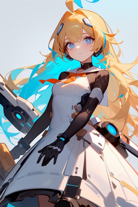 <lora:llmy>,1girl,blonde hair,streaked hair,blue hair,blue eyes,dress,ahoge,(mecha_musume:0.6),ask \(askzy\),ciloranko,, masterpiece, best quality, very aesthetic, absurdres