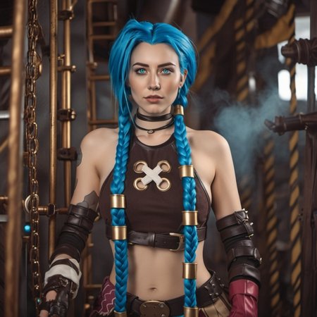 cinematic photo cinematic photo portrait of a woman,  blue hair and braids is posing for a picture, steampunk background <lora:Jinx1024-000260:0.8> . 35mm photograph, film, bokeh, professional, 4k, highly detailed