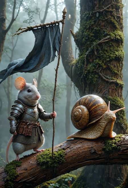 An anthropomorphic mouse in medieval armor stands heroically beside a stoic big snail and perched on a branch, snail has a big shell, behind them is an ethereal forest with soft beams of light piercing through the blue-grey mist, the mouse's holding a flowing black banner-staff, serene and fantastical scene, <lora:MJ52:0.4>, <lora:EpicF4nta5yXL:0.7>
