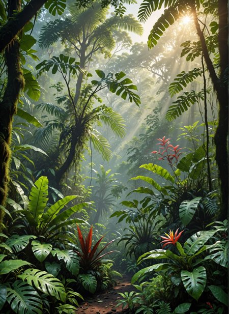 photorealistic, a tropical rainforest at dawn, vibrant flora and fauna, mist rising from the undergrowth, sunlight filtering through the dense canopy, lush and serene environment 
<lora:xray:1>
 <lora:WildcardX-XL-Detail-Enhancer:1>