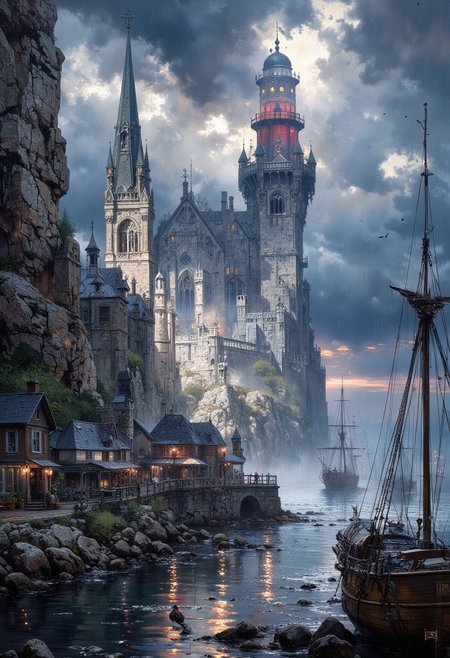 mythp0rt, ArsMJStyle, impressionism, extremely detailed, smooth and sharp, ultra realistic ominous and dark, deep shadows , over the small port town, small river nearby, extremely vertical rocky cliffside, tall church on top of the cliff, docks with wooden ships, busy skies before the storm, clouds are dense and huge, wires and pipes on the ground, huge red and white lighthouse casting shadow on the water, dense clouds, intricate rocky pthways,  whole picture is filled with crows and raindrops, desolate, intricate and detailed,