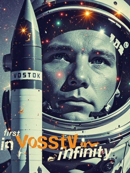Modern art in double exposure style: close-up of the cosmonaut Yuri Gagarin in helmet  with detailed texture and the inscription 'USSR' on the visor. To the left of the helmet is a silhouette of the 'VOSTOK' missile, partially superimposed with it. Background: abstract space with gradient from dark-lightblue to purple, filled with stars and flashes of light. The inscription 'first in infinity' is stylized in the lower part of the composition, slightly blurred like a piece of cosmic smoke. Emphasis on the contrast of glossy helmet surfaces and matte texture of the missile. Color palette: cool shades with orange and gold flashes, simulating engine flares and cosmic abyss