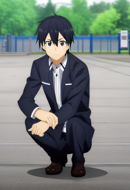 high resolution, professional photography, solo, best quality, 1Boy, Kazuto Kirigaya, Black Hair, Black Eyes, lofi, candid, squat, depth of field, photo model, looking at viewer, OverallDetail