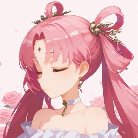 (fuxuan:1.1),(pink hair:1.3), long hair,(twintails:1.1),hair rings,hair ornament,forehead jewel,brown eyes,
(masterpiece, best quality), pink rose background, profile, close shot,  :3, white choker, (closed eyes:1.1),bare_shoulders, collarbone, earrings, jewelry, hair behind ear, facing_away, Simple background