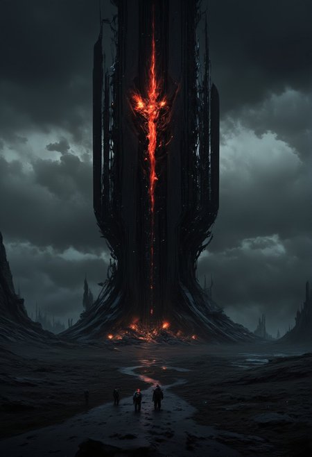 mythp0rt, masterpiece oil painting, landscape of a desolate volcanic plain, featuring a tall tower like a skyscraper, and a red gleaming eye reminiscent of the Eye of Sauron in the Lord of the Rings.  The landscape is blackened and scorched; figures in robes walk towards the eerie tower