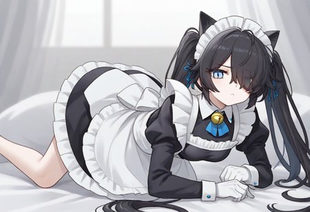 (Maid-kasli), solo, white gloves, dress, hair over one eye, maid apron, blue eyes, twintails, cat ears, maid headdress, maid, gloves, 1girl, apron, juliet sleeves, long sleeves, long hair, black hair, animal ears, bell,(Fall down),