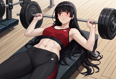 score_9, score_8_up, score_7_up, score_6_up, score_5_up, score_4_up, source_anime, solo, 1girl, 
natsuno kirihime, red eyes, black hair, long hair, earrings, hime cut, blunt bangs, very long hair, 
bench press, weightlifting, weight bench, exercising, weights, gym, sports bra, navel, yoga pants, struggling, blush, lying, on back, parted lips, looking down, 
masterpiece, best quality, very aesthetic, absurdres,