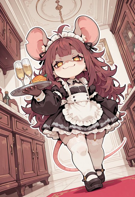 perfect eyes, S4bit4mago_illu, anime style, s0wasow4rt_illu, masterpiece, best quality, high quality, newest, highres, (chibi rat), score_9, score_8_up, score_7_up, Nameless_Style, chibi rat, rat girl, _Style, chibi, furry:1.2, Cartoon_Type, (solo), curvy, fluffy1.3, shortstack rat girl, (long hair), messy hair , bangs at an angle, (messy hair), flat chest, lace styled dress, maid outfit, cupboard, short dress, panoramic view of cupboard, stubby shoes, mary janes, thick white outline, curvy, white lace, face focus, fabric, intricate lace, intricate details:1.2, long dress,  thigh high stocking, (oversized sleeves), sleeves over hands, very long sleeves,  yellow eyes, lidded eyes, ditzy, happy, smile, holding tray of champagne, goofy smile, black lace, intricate details:1.2, long dress, brown fur, dynamic angle, hand on dress hem,, countershade fur, stylish, pose, extremely detailed, high quality, cute background, 
