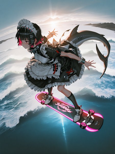 realistic, lm7 \(op-center\), sabu \(sabudenego\), dino \(dinoartforame\), fisheye, perspective, from above, from side, aerial view, solo, ocean, seascape, waves, reflection, sunlight, day, sunrays, light, bent knees, leaning forward, in motion, clouds, haze, (midair:1.2(), futuristic, solo, 1girl, ellen joe, shark tail, maid, neon glowing, neon lights, standing skateboarding on futuristic hoverboard :1.2), flying, looking afar, serious, outstretched arm, outstretched hand, beautiful, intricate, detailed background,                                                                                                                                                                                                                                                                                                                                                                                                                                                    
,masterpiece,best quality,amazing quality,