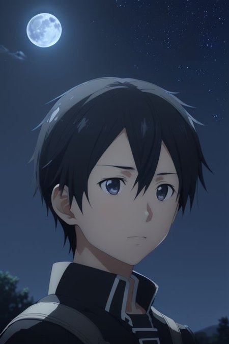 high resolution, solo, best quality, 1Boy, Kazuto Kirigaya, portraits, Black Hair, Black Eyes, open space, night sky, moon, OverallDetail