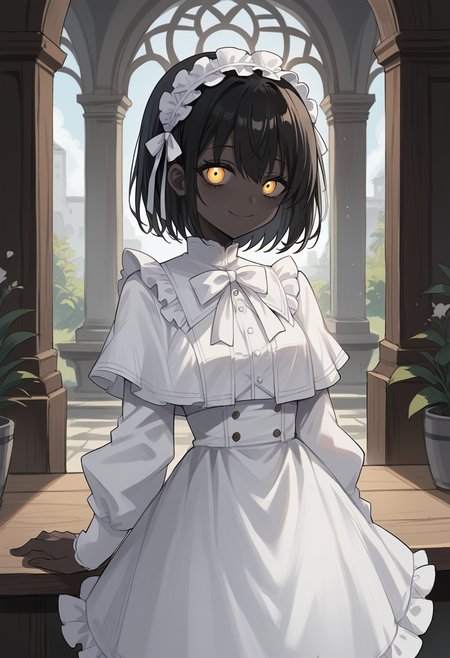 masterpiece, best quality, uncensored, source_anime, score_9, score_8_up, score_7_up, score_6_up, score_5_up, score_4_up, 1girl, solo, theprincess, dark-skinned female, very dark skin, black hair, short hair, yellow eyes, maid headdress, frilled hairband, white dress, long sleeves, capelet, white bow, smile, full body <lora:ThePrincess:0.8>