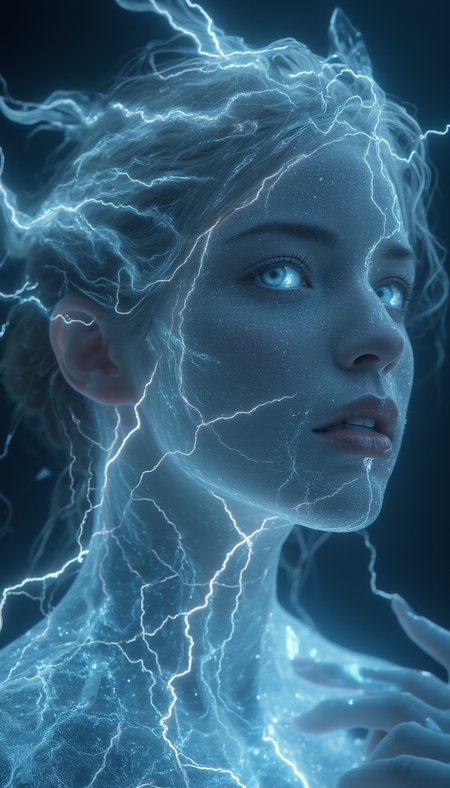 bailing_lightning, 1girl, composed of elements of thunder,thunder,electricity,Capture the ethereal beauty of a young galaxy girl composed of ice and water, her translucent face and body glowing with intricate details. Her hair entwined with thunder and electricity, she gazes towards the cradle of creation with an awe-inspiring expression of higher awareness. The scene is bathed in dramatic lighting, emphasizing the mesmerizing elements. Inspired by the works of (Annie Leibovitz:1.4) and (Diego Velázquez:1.3
