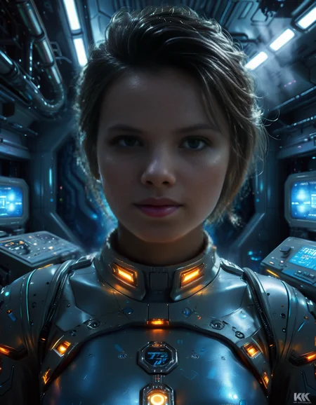 <lora:3ng1n3_r00m:1>,focus on woman,A highly detailed and cinematic depiction of a confident woman standing in the 3ng1n3 r00m of a futuristic spaceship. She is wearing a sleek and advanced space uniform, with a metallic sheen and intricate details like glowing blue energy lines running along the seams of her suit. Her uniform is form-fitting, with visible patches indicating her rank and position. She has short, neatly cut hair, a determined expression, and a calm yet commanding presence.
The engine room around her is illuminated by a mix of bright white and soft blue lights, reflecting off the polished metallic surfaces of the machinery. Massive, glowing energy cores pulse with light in the background, emitting a soft hum. Pipes, cables, and control panels surround her, each detailed with futuristic textures and glowing interfaces. The room feels alive with motion, as small holographic displays and robotic arms work automatically. The overall mood is futuristic, highly technological, and awe-inspiring, with sharp contrasts between the cold metallic surfaces and the warm light from the energy cores.
The image is rendered in a hyper-realistic and cinematic art style, with an emphasis on intricate details, dramatic lighting, and rich textures.<lora:SDXLFaeTastic2400:0.4> <lora:extremely_detailed:0.4> extremely detailed,, Masterpiece,best quality,hi res,8k,hi res,8k,award winning,(sharp focus, intricate, highly detailed),