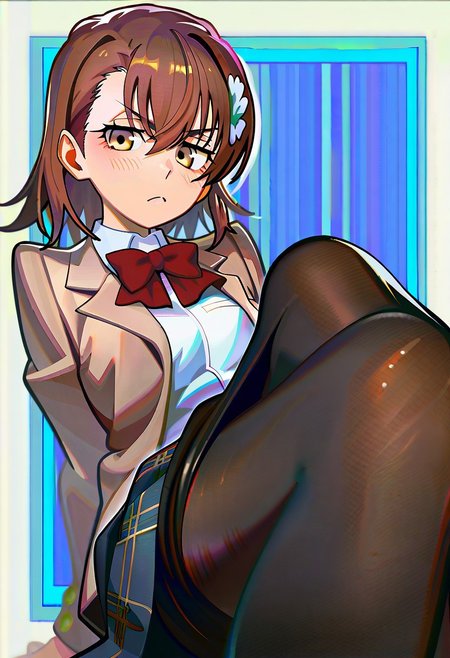 masterpiece,best quality,amazing quality, newest, absurdres, highres, Mevak_PS, two-tone background, Ramme_CL, Ramme, 1girl, misaka mikoto, brown hair, feet, no shoes, sitting, brown eyes, blush, white shirt, hair ornament, looking at viewer, toes, red bow, red bowtie, tokiwadai school uniform, soles, brown jacket, hair flower, bangs, foot focus, long sleeves, blazer, closed mouth, pantyhose pull, foreshortening, blue skirt, collared shirt, hair between eyes, frown, white flower, short hair, plaid skirt, foot up, black pantyhose, pleated skirt, foot out of frame, open clothes, open jacket, breasts, clothes pull, legs, arm support, v-shaped eyebrows, thighs