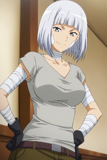 anime screencap,anime coloring,detailed face,masterpiece,best quality,very aesthetic,absurdres,official style,amazing quality,ultra detailed,highres,scenery,beautiful detailed hair,official anime artwork,<lora:FengShaYan-IL V1:1>,Feng Sha Yan,1girl,solo,white hair,short hair,grey eyes,bob cut,blunt bangs,large breasts,
FengShaYan Outfit3,grey t-shirt,brown belt,khaki pants,black gloves,bandage on face,bandages,bandaged arm,
looking at viewer,smile,hand on own hip,