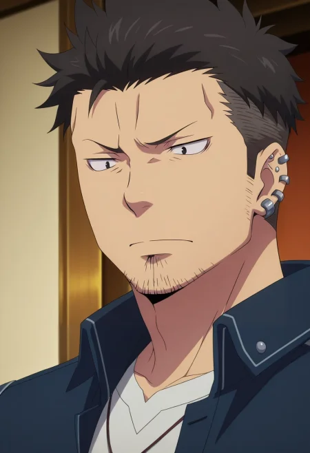 masterpiece, best quality, intricate details, anime screencap, , official style, , , 1boy, solo, male focus, <lora:ryuuji_suguro_ilxl:1>, ryuuji_suguro, black hair, black eyes, short hair, undercut, facial hair, stubble, ear piercing, ,