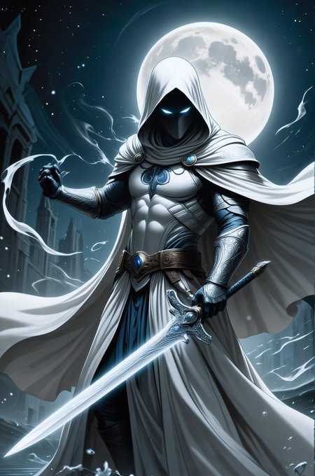 A closeup of fantastical image of a moon knight, clad in flowing, flowing robes, wielding an ornate, ornate blade. Their eyes are filled with power and determination, as they wield the sword in a fluid, dynamic motion. The moon's reflection highlights their magical power