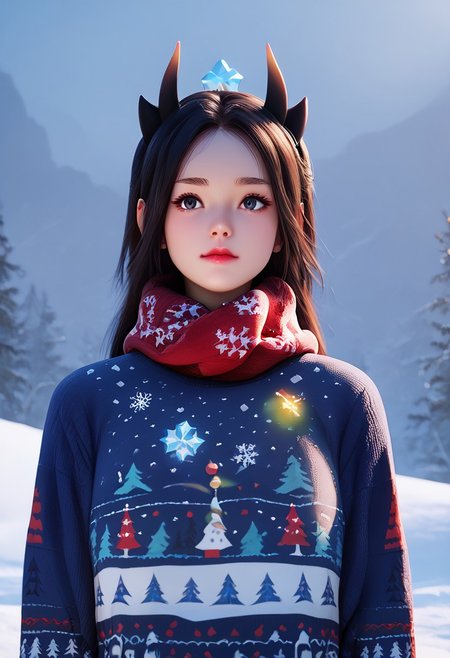 score_9, score_8_up, score_7_up, score_6_up, score_5_up, score_4_up, masterpiece, ultra-detailed, high resolution,
christmas_sweater,chuxue, Demon，
1girl, scarf, christmas, blue sweater，
Snow falling, six flakes, snow details, crystal clear snow, demon girl, cute, baby face, demon horns