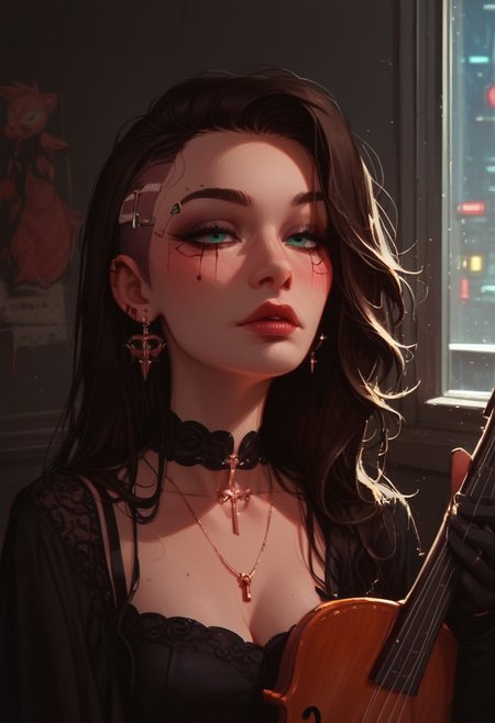 Expressiveh, score_9, score_8_up, score_7_up, score_6_up, score_5_up, score_4_up, godrays, 1girl,  A cyberpunk street corner of London with an plague doctor musician sitting on the bench, with long beak mask, playing a mechanical cello with green strings, use dark and gritty colors, in the style of John Singer Sargent.