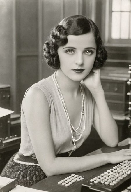 vintage photo, of 1920s female computer, inside university, making calculations to help win the war, perfect face, alluring eyes, beautiful hands, photographed on a Kodak 35, 50mm lens, f/3.5, black and white