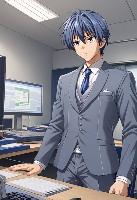 high resolution, solo, best quality, 1Boy, Tomoya Okazaki, Grey Blue Hair, suit, worklife, workspace, OverallDetail