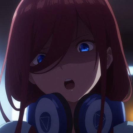 masterpiece, high quality, high res, absurd res, ultra high quality,
<lora:Miku_Nakano_Illustrious_v57:1>, M1kuNakan0_Illu, 1girl, (solo:1.2), brown-red_hair, hair_over_eye, long_hair, dark-blue_eyes, headphones, (triangle_logo:1.1), bangs,  shaded face, (glowing_eyes:0.7), open_mouth, upper teeth, looking at viewer, portrait , (slightly_annoyed:0.8), squinted_eyes